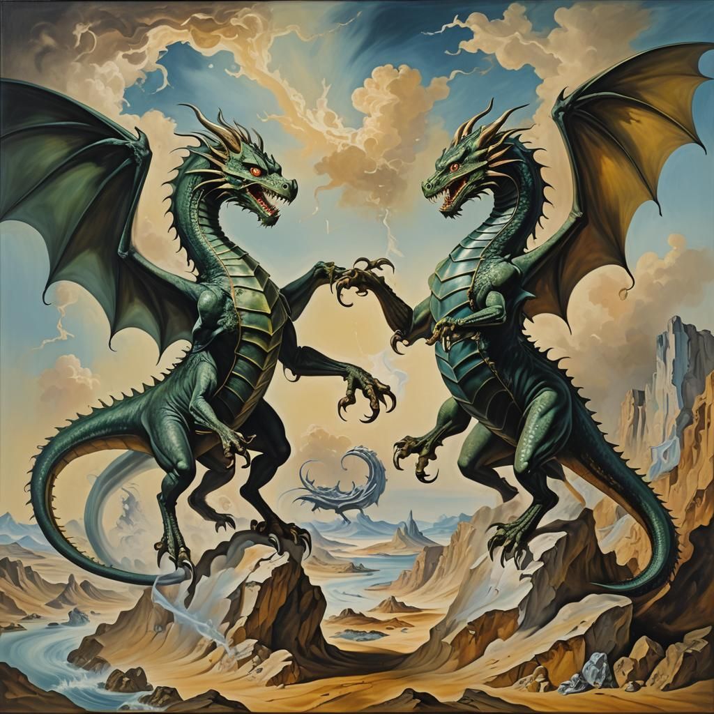 Surreal Battle with Dragon, Salvador Dali Style