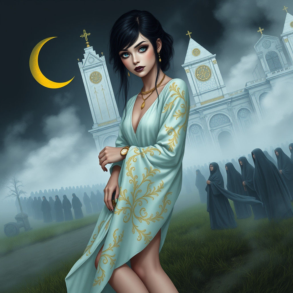 Ethereal Girl with Gold Watch in Foggy Field