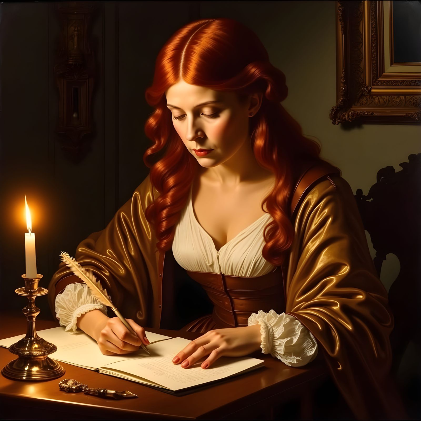 Red-Haired Woman Writing, in Rembrandt Style