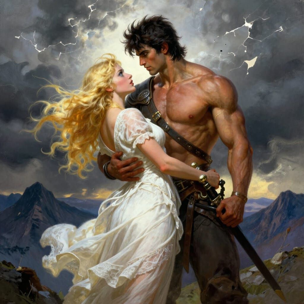 Warrior Embraces Adoring Woman on Mountain Peak