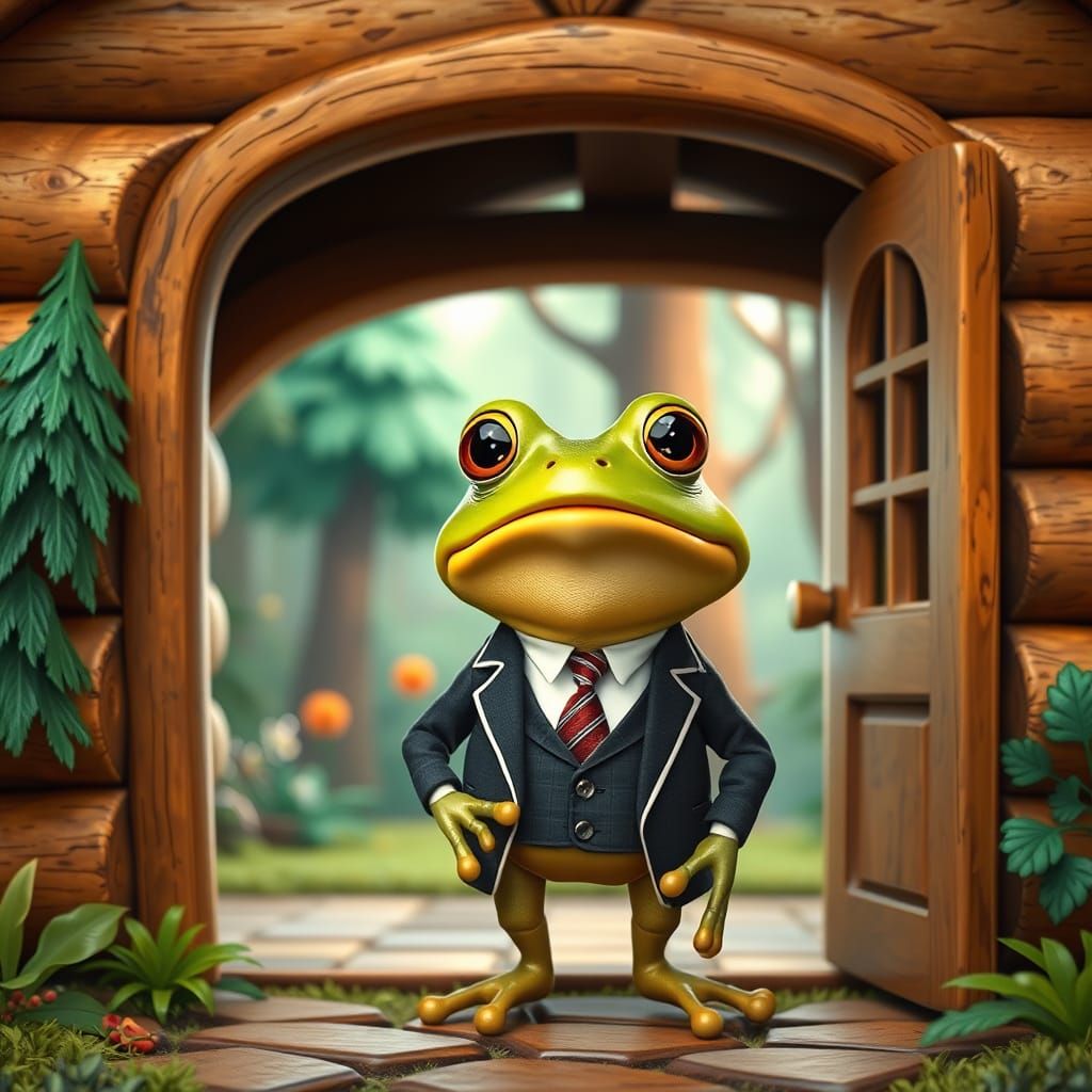 Debonair Frog in Log Home, Alphonse Mucha Style