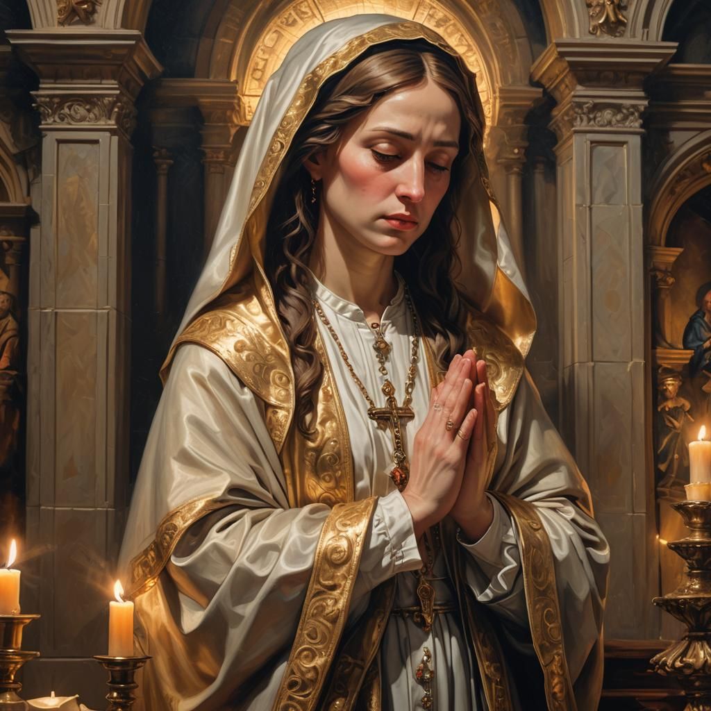 Saint Mary Praying in Cathedral, Baroque Oil Painting