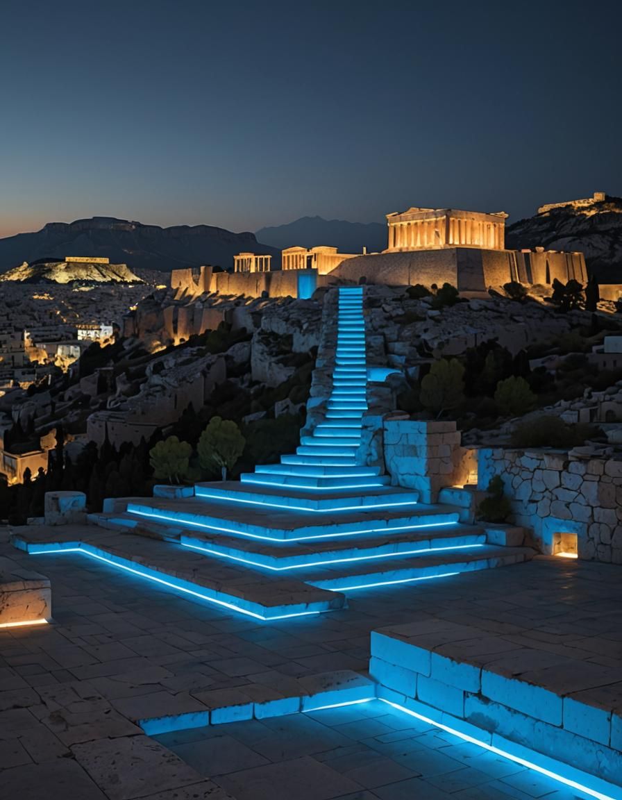 Blue neon light Art Installation in the Acropolis