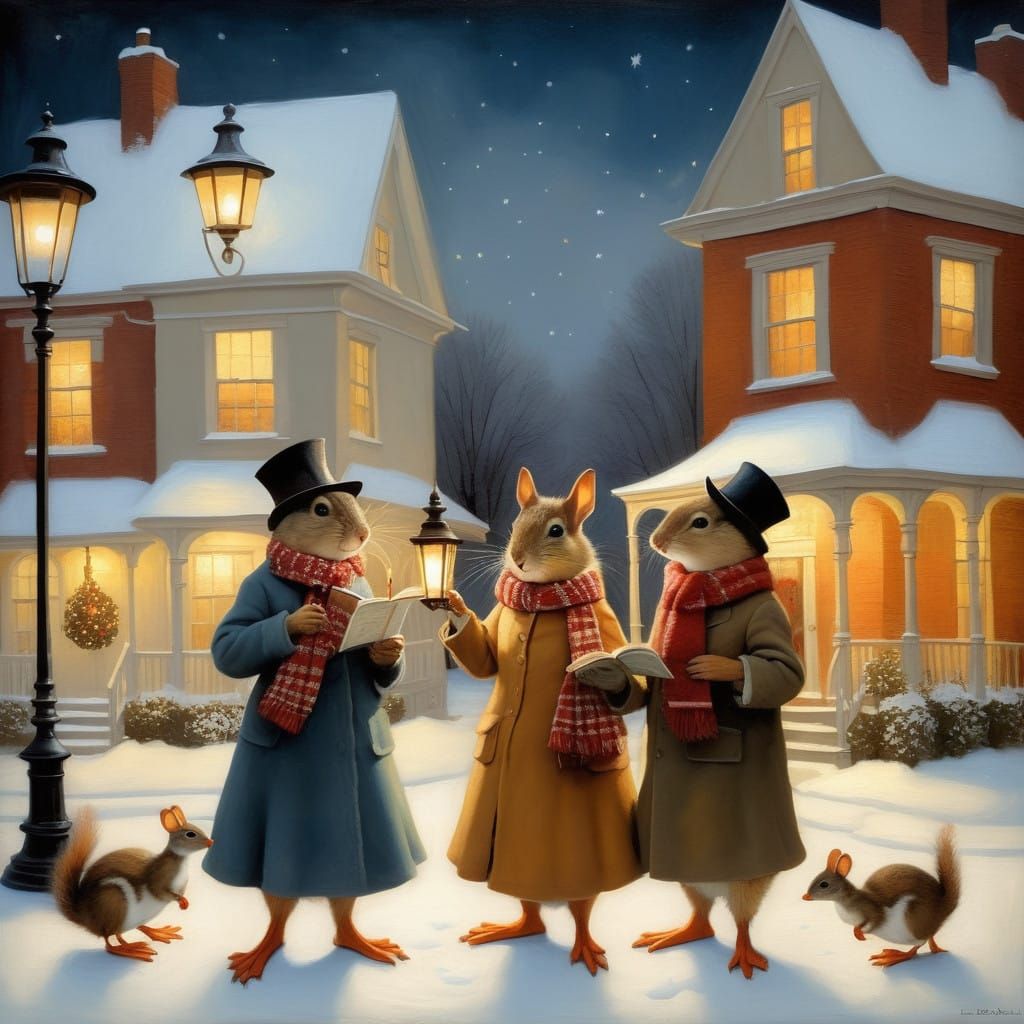 Whimsical Winter Wonderland Scene in Oil Painting Style