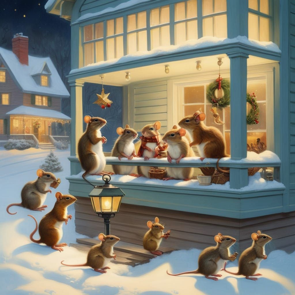 Whimsical Winter Gathering in Idyllic Suburban Scene