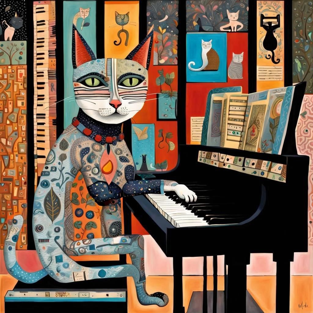Whimsical Cat Playing Piano in Folk Art Style