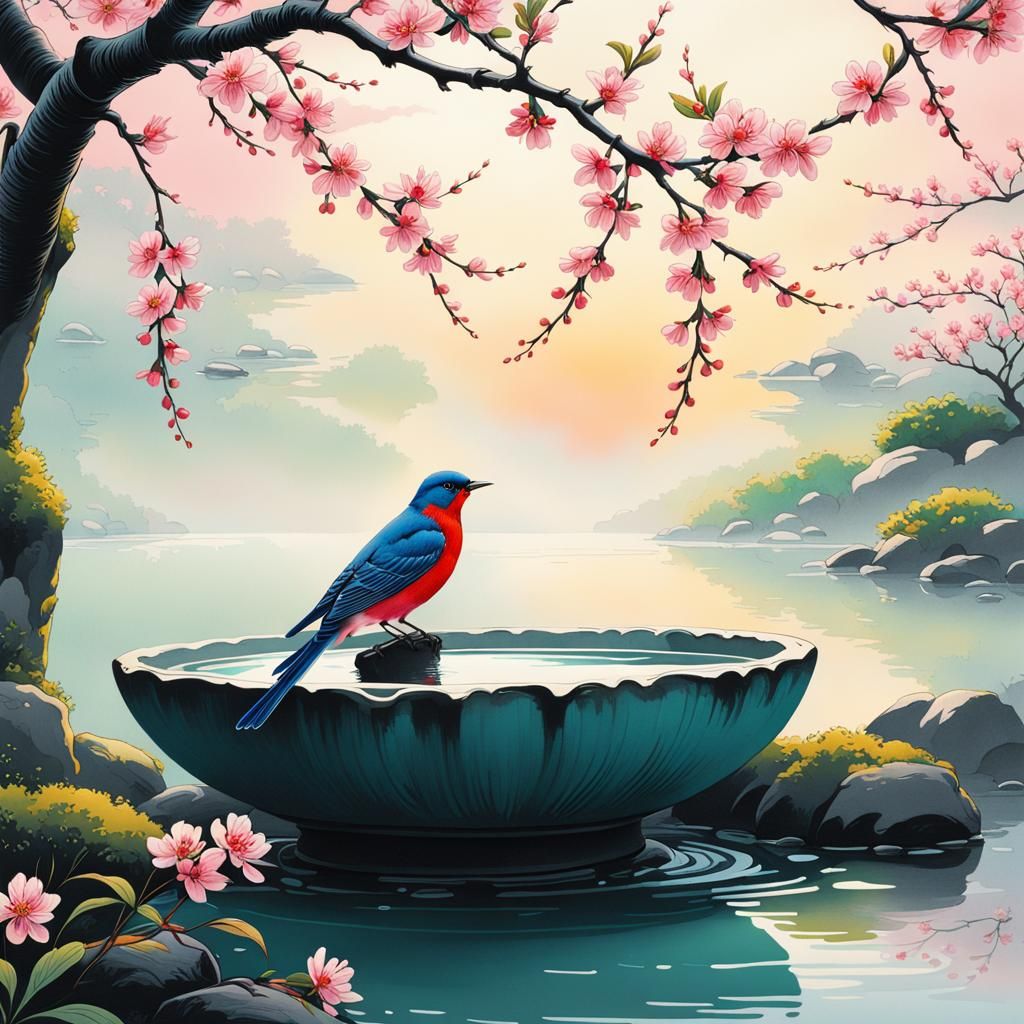 High fidelity, japanese estampe style, serene midday scene, ...