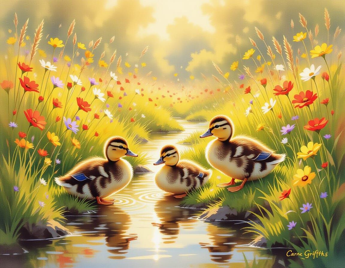 Ducklings Play in Meadow: Expressive Watercolour