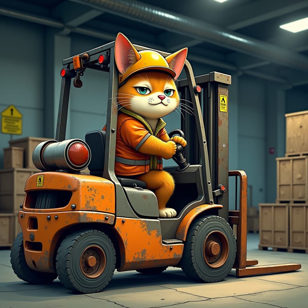 Tired Cat Forklift Driver in Anime Style
