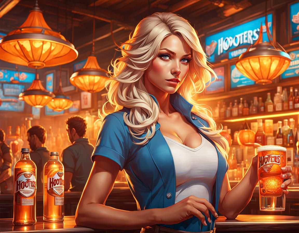 A welcome to Hooters bar from the attractive blonde hostess