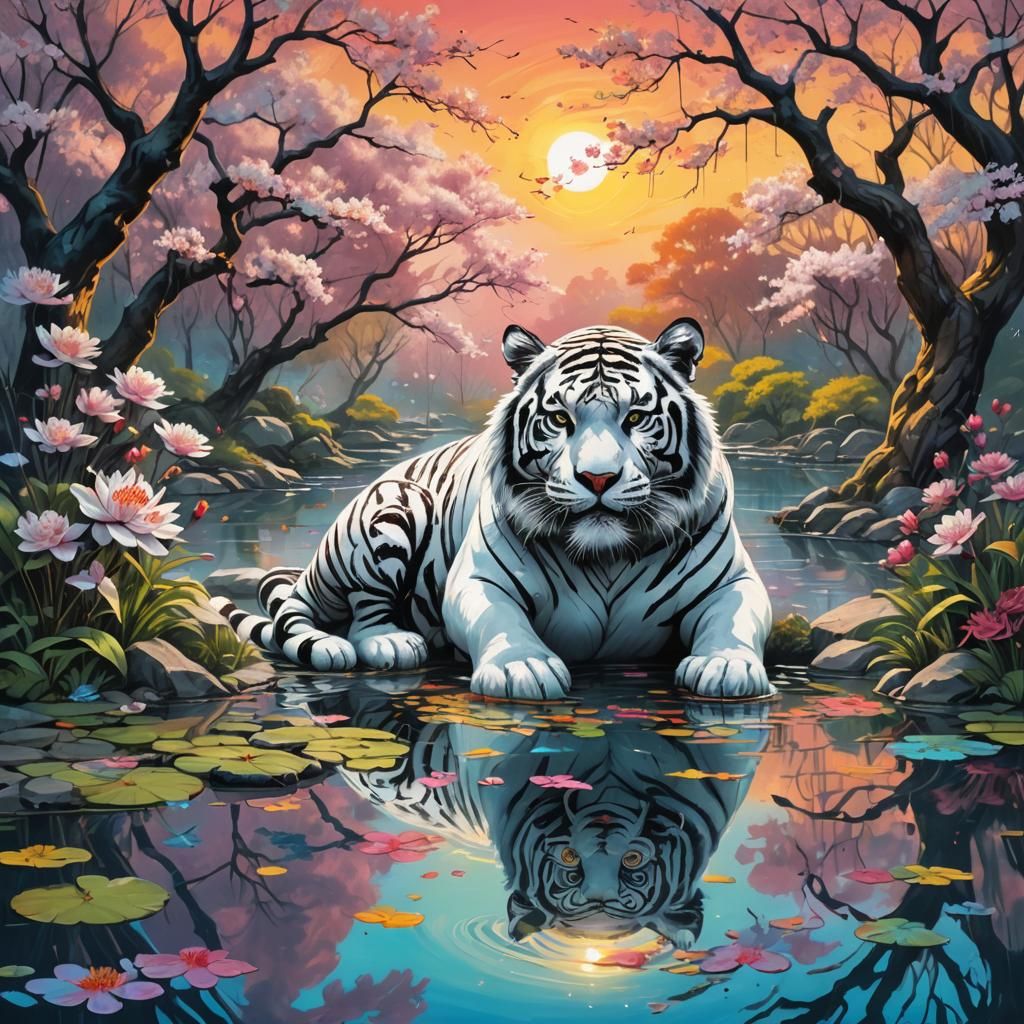 Colorful Koi Pond with White Tiger in Graffiti Art