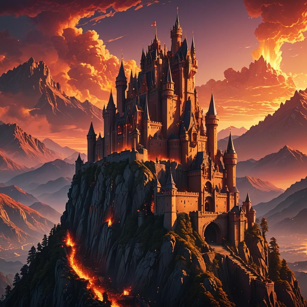 Imposing Castle at Sunset in Pixel Art Style