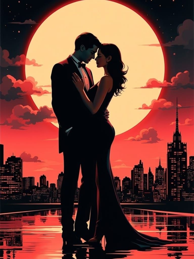 Couple Embrace in Retro-Futuristic Neon Cityscape