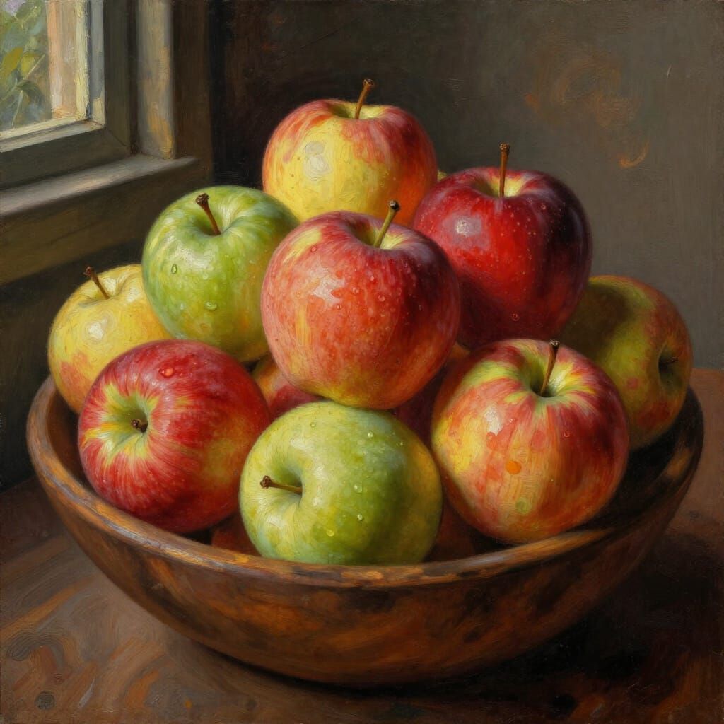 Vibrant Oil Painting Of Ripe Apples In Rustic Bowl