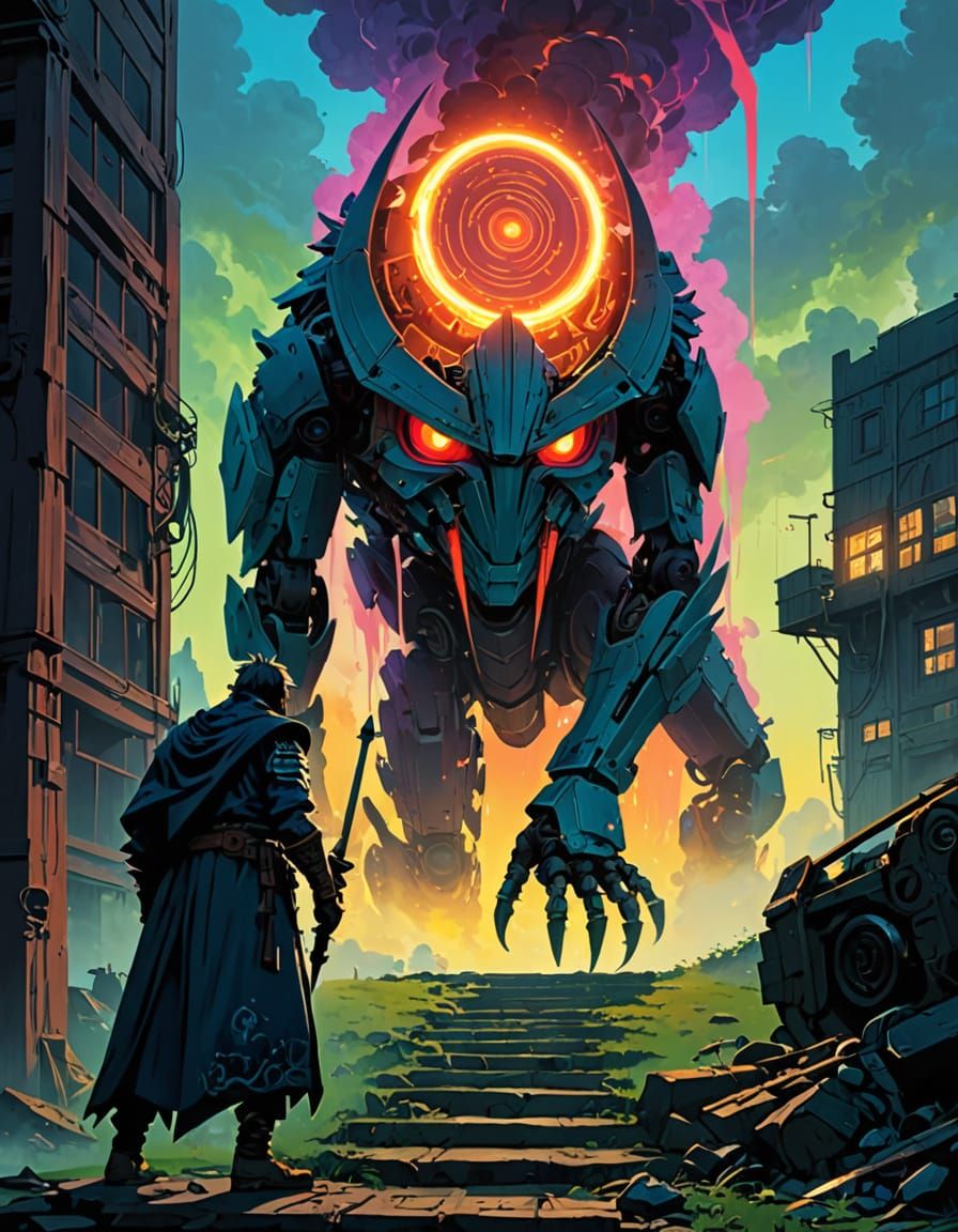 Warrior Steps Forward to Face Infinity Boss in Vibrant, Neon...