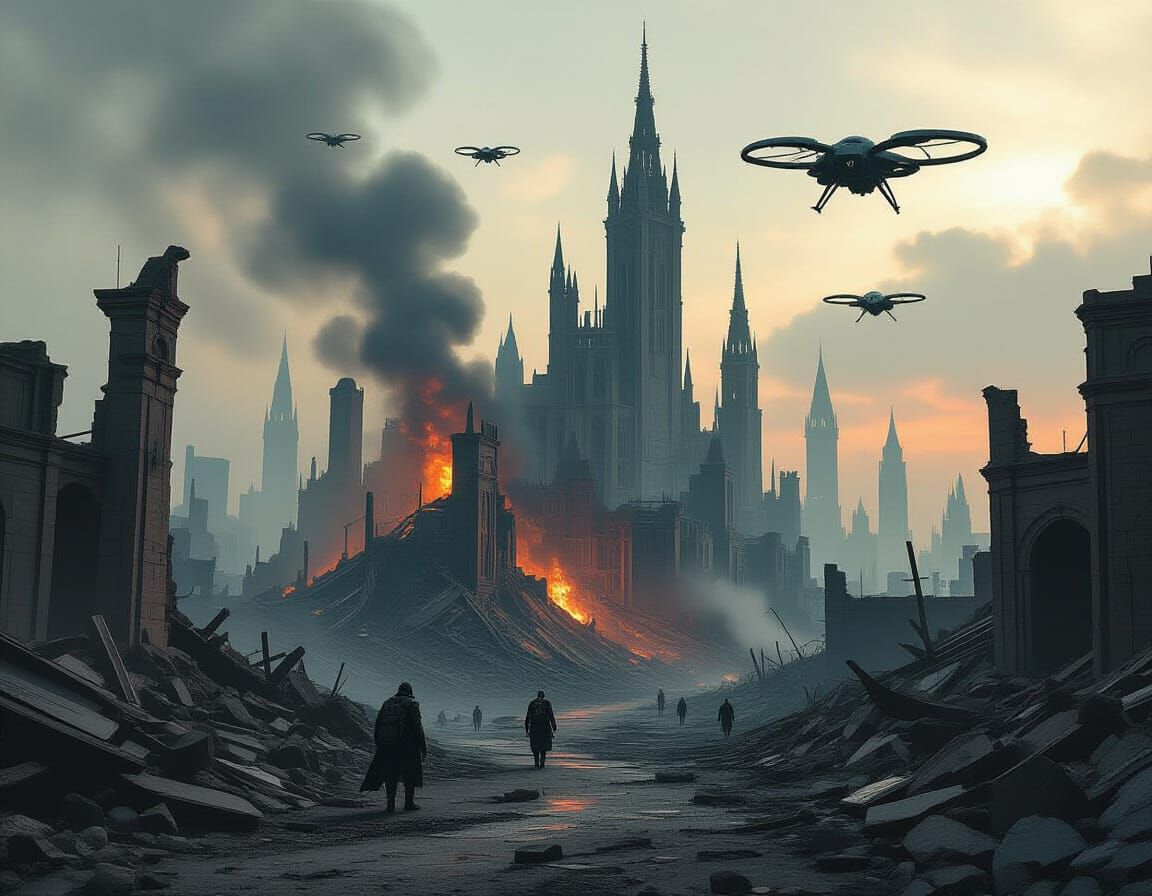Dystopian Orc Cityscape: Smoldering Ruins and Drones