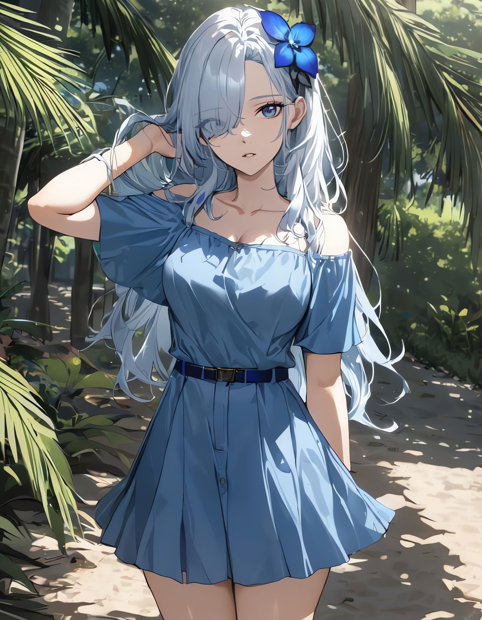 Anime Girl with Blue Orchid Hair Ornament on Beach
