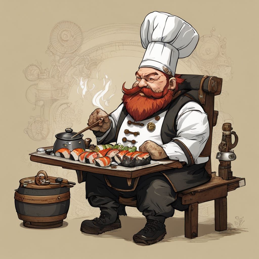 Steampunk Sushi Chef Dwarf in Industrial Gears