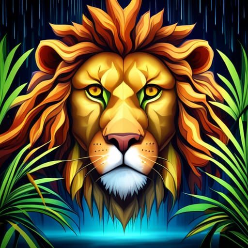 Golden Ashanti Lion Woman in Rainy Forest