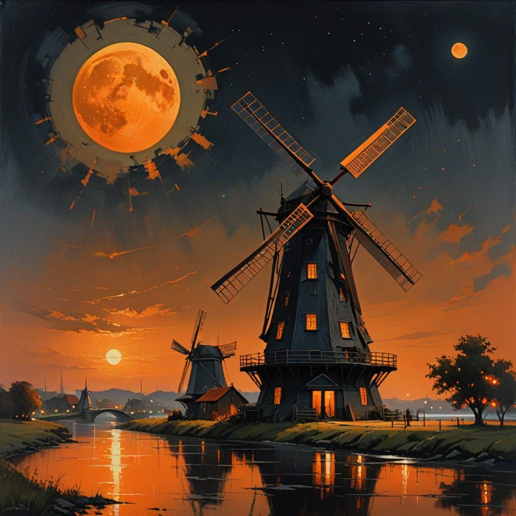 "A Windmill" glowing Orange Windmill on the riverbank in front of perfect big glowing luminous orange moon!!!!! starry c...