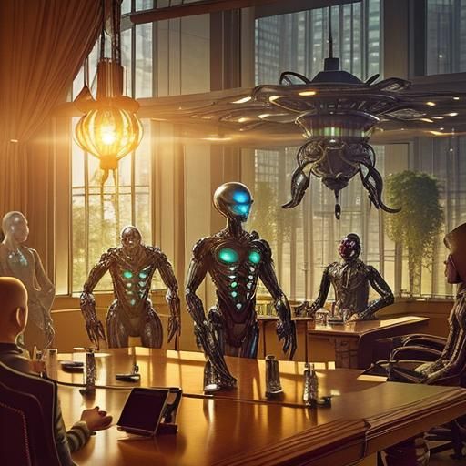 Humanoid Aliens Meeting in Victorian Conference Room