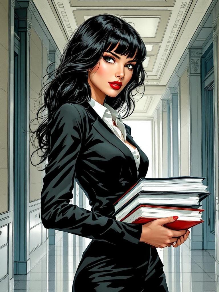 Modern Comic: Woman in Office Building with Documents