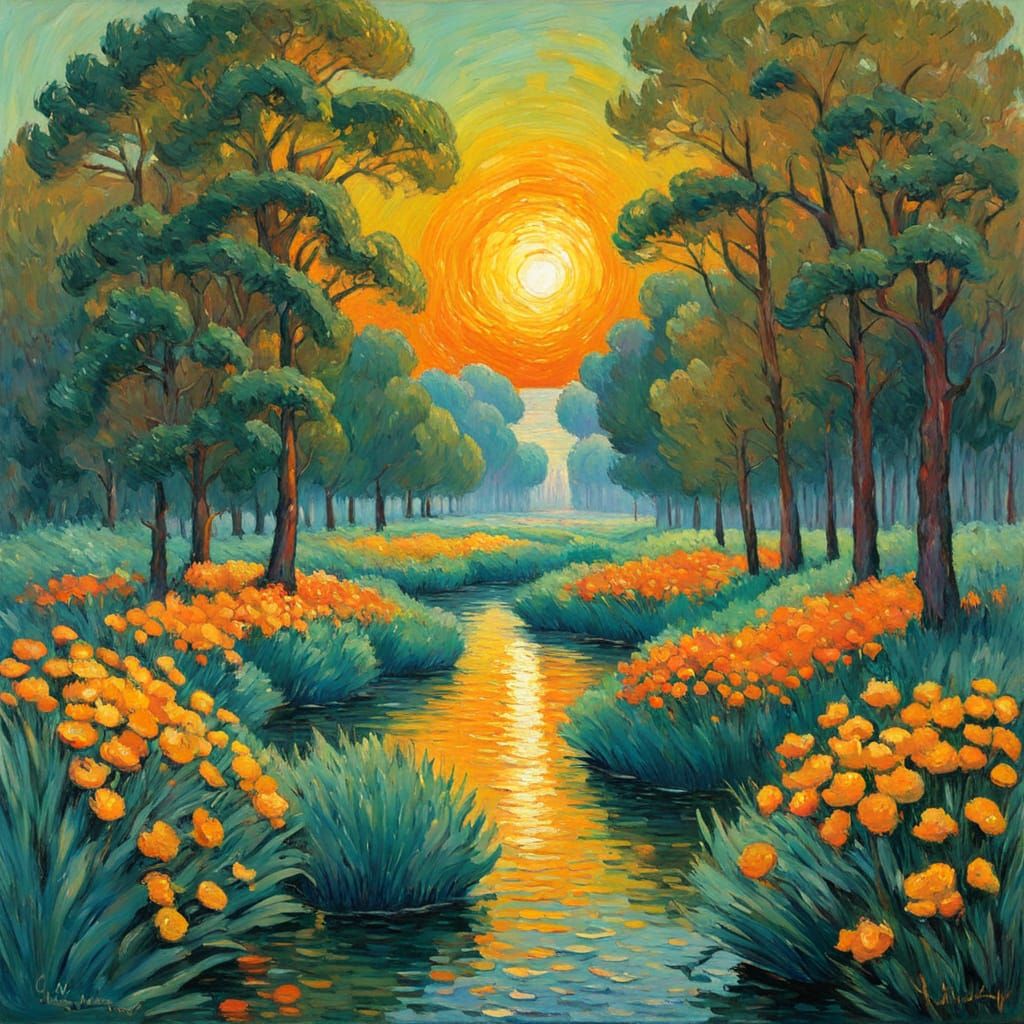 Vibrant Neo-Impressionist Landscape with Golden Light