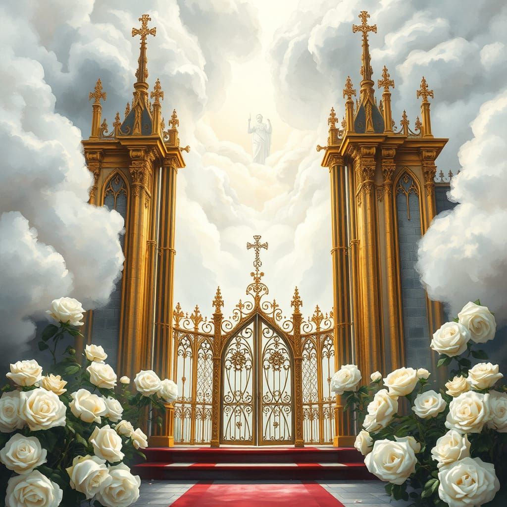 Heavenly Gothic Scene with Golden Gates and White Roses