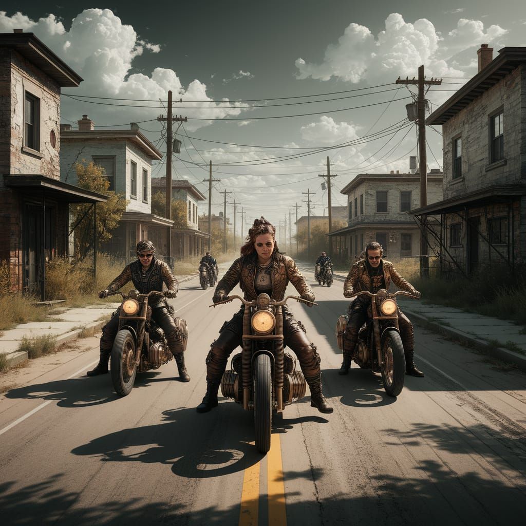 Steampunk Bikers in Dystopian Suburbia: Digital Painting