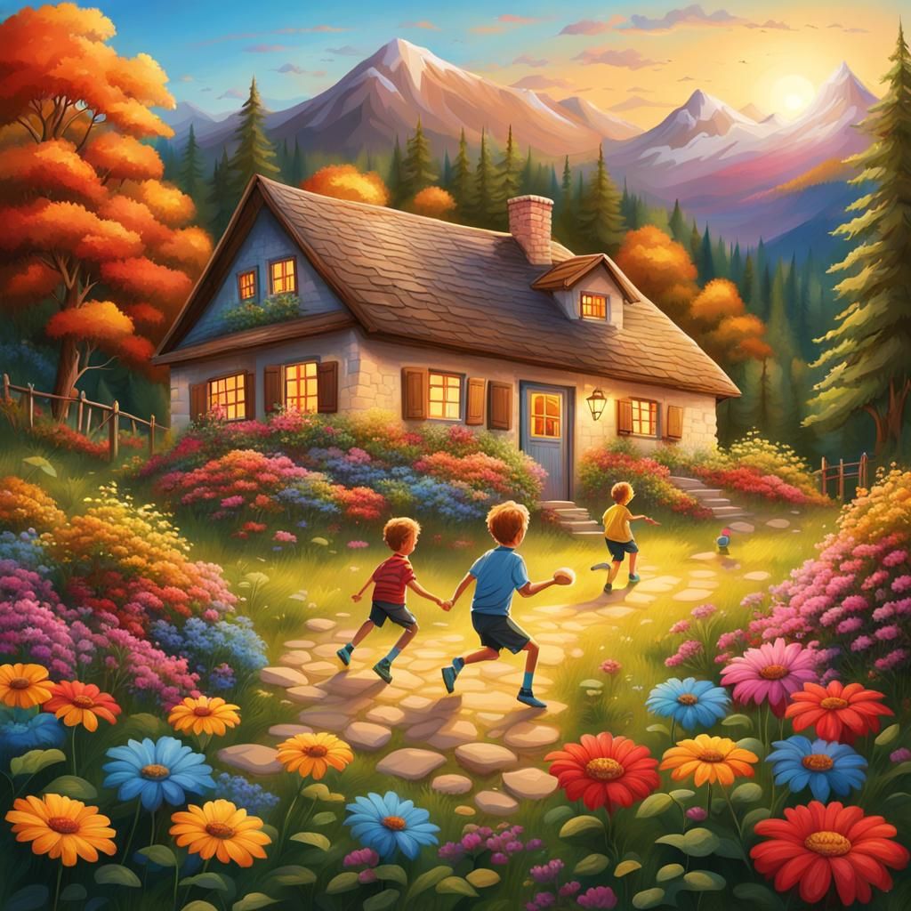 Picturesque Cottage Scene with Children Playing