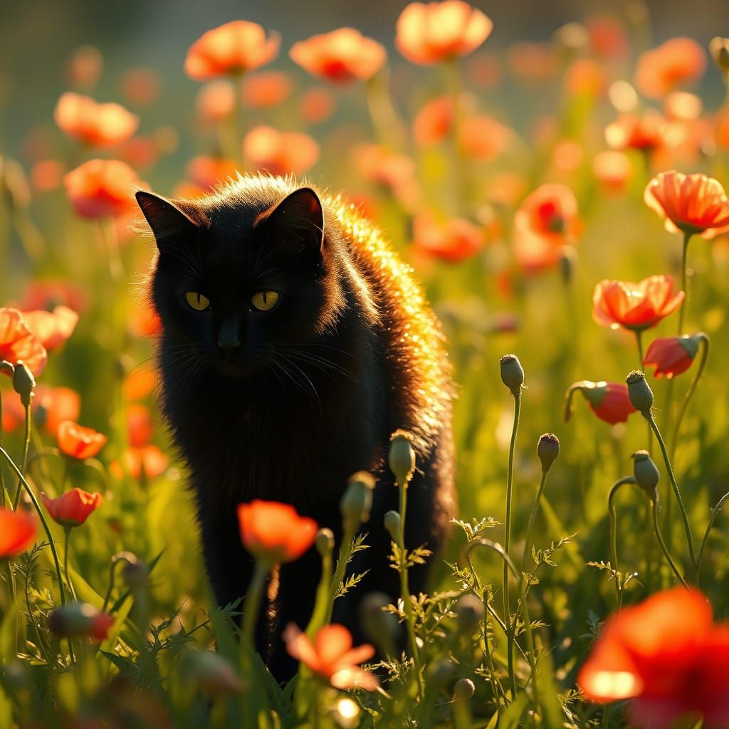 Whimsical Black Cat in a Fantasy Poppies Landscape