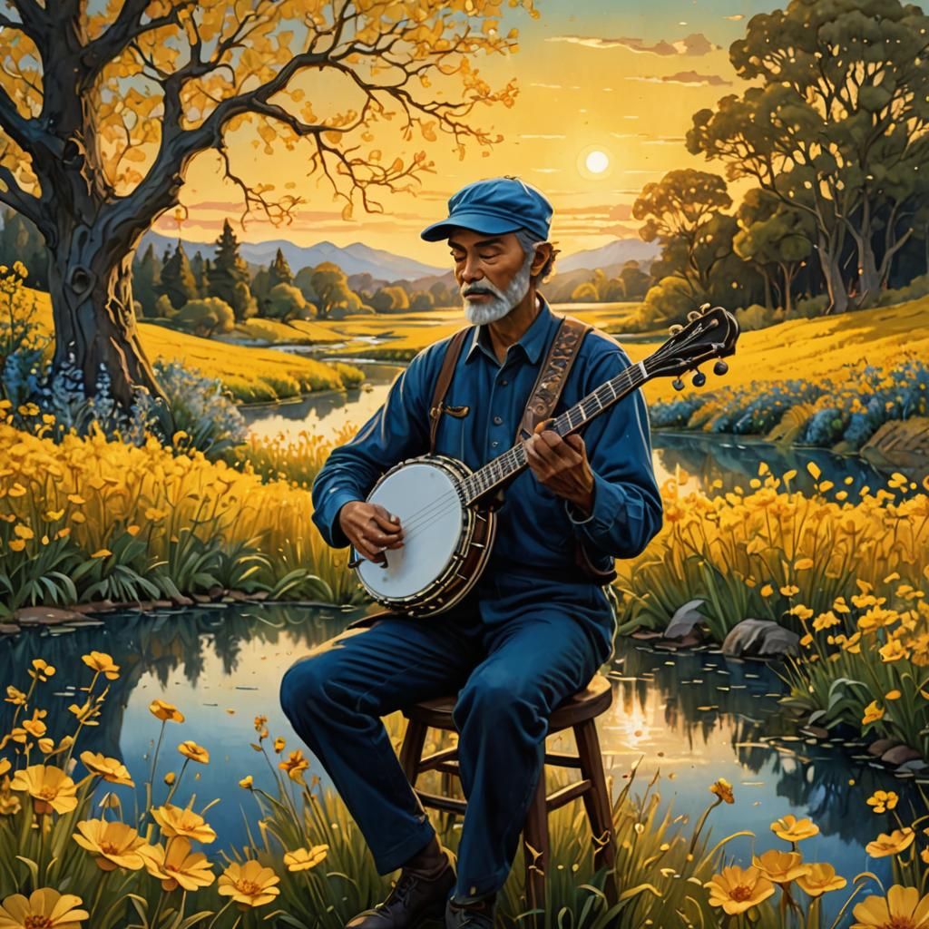 Ethereal Banjo Player in Yellow Flower Field