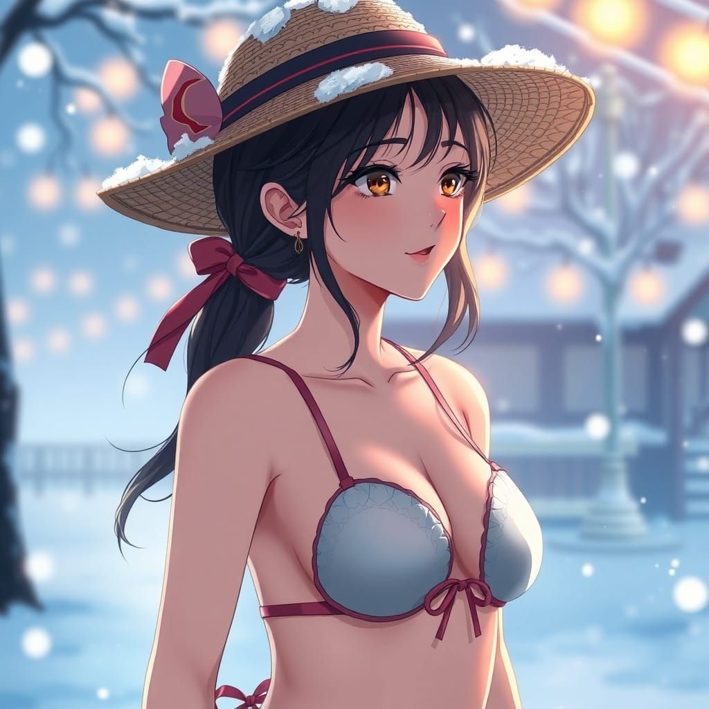 80s Anime Style Woman in Romantic Winter Bikini