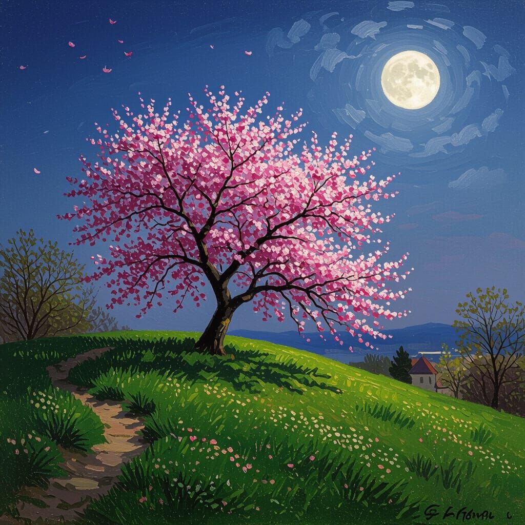 Majestic Cherry Blossom Tree Under a Serene Night Sky
