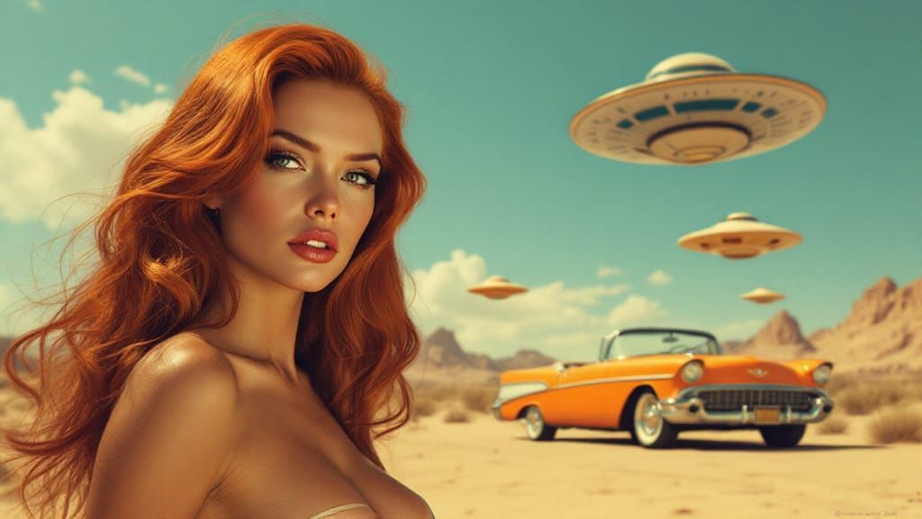 Retro-Futuristic Desert Scene with Woman and Flying Saucers
