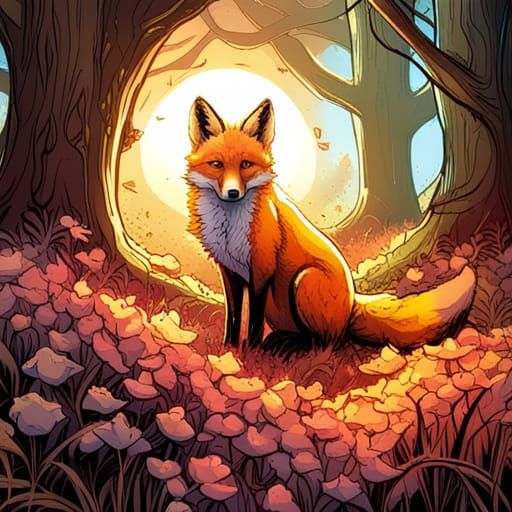 Adorable Red Fox in Autumn Meadow, Comic Art