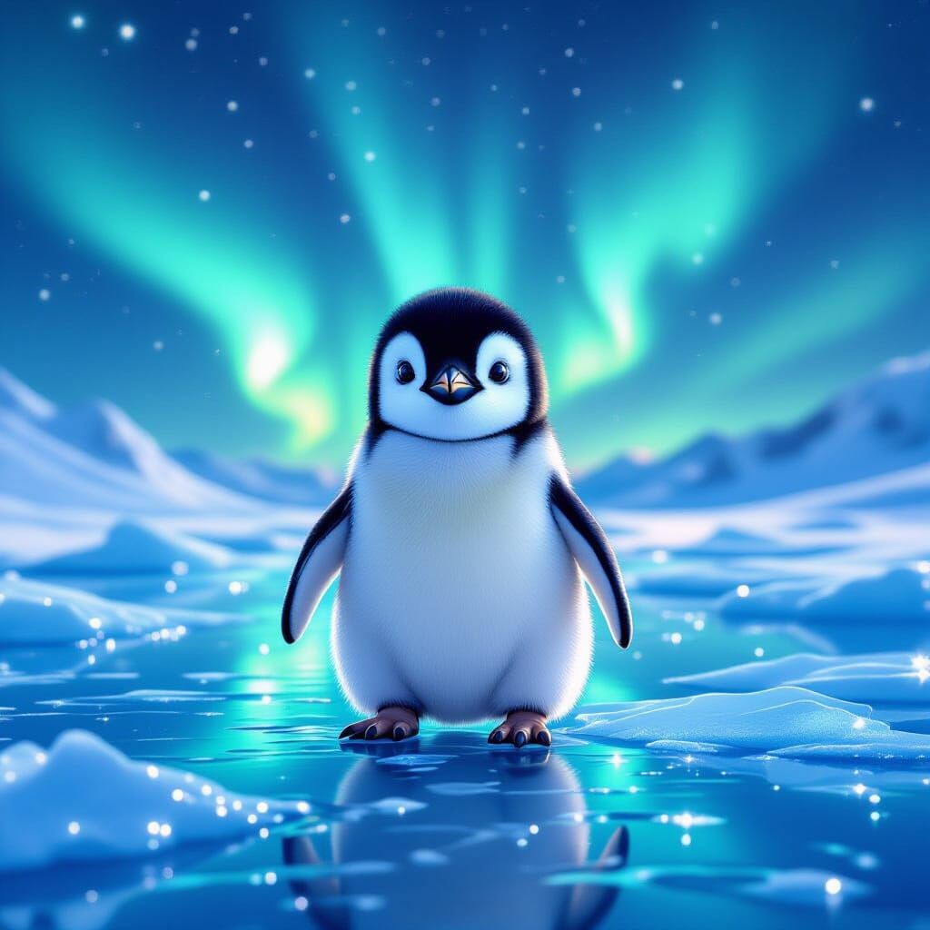 Baby Penguin Under Cosmic Aurora Borealis in Painterly Style