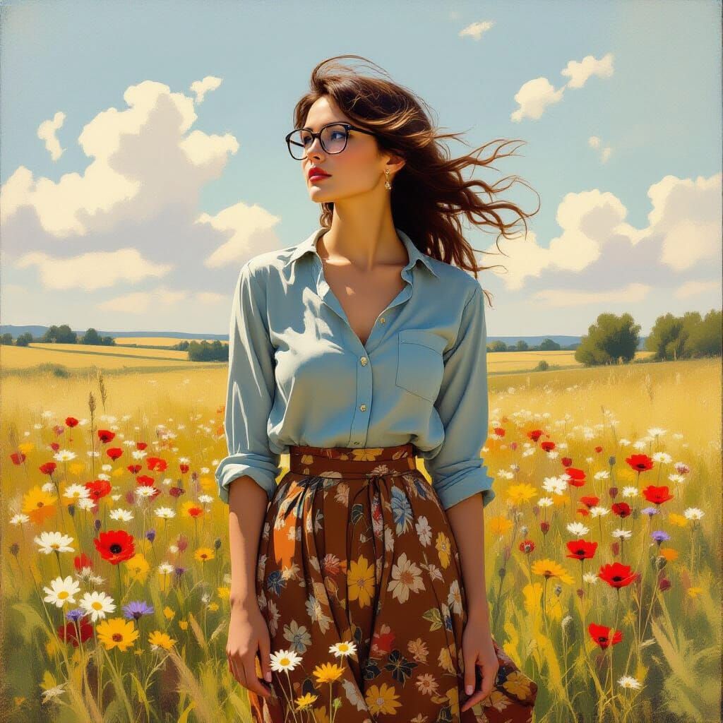Woman in Wildflower Field, Impressionistic Painting