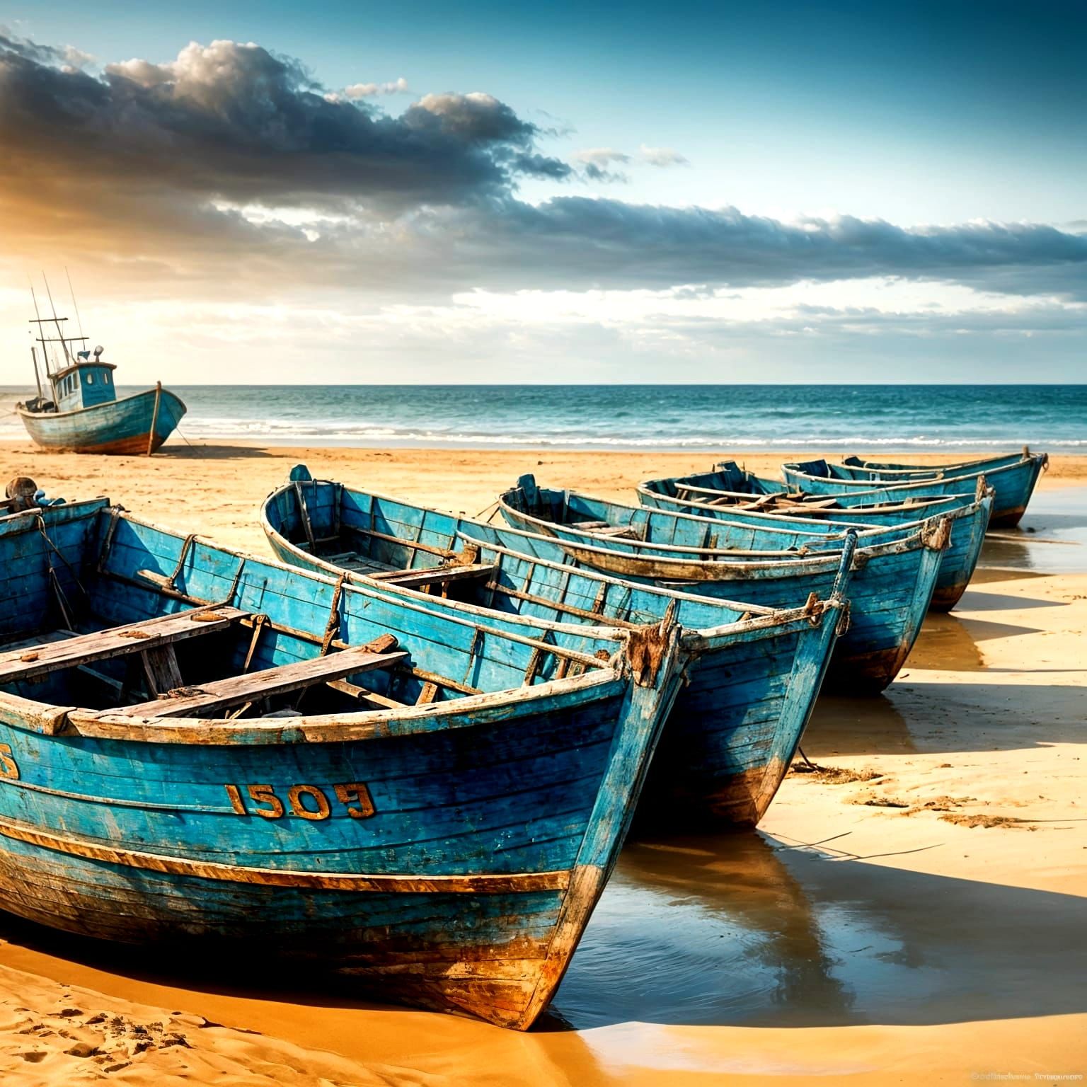 Weathered Blue Fishing Boats on Golden Shoreline