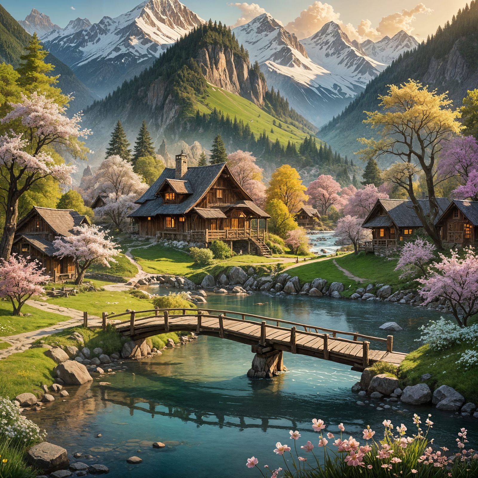 Lush Valley Landscape with River and Cottage