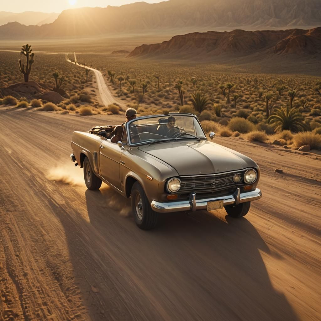 Harrison Ford Drives Vintage Car in Desert Landscape