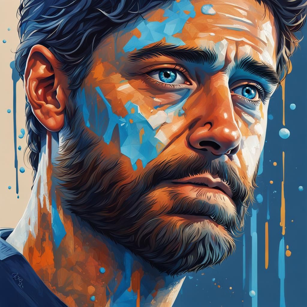 Hyperrealistic Portrait of a Sad Blue-Eyed Man
