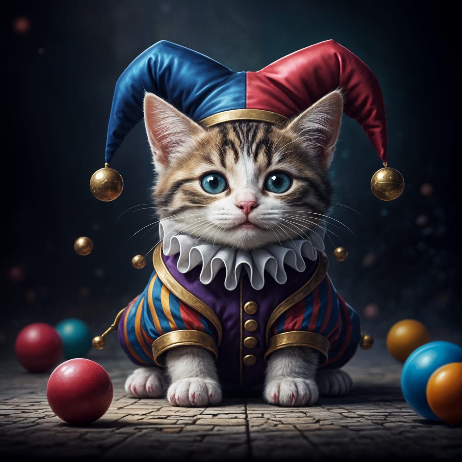 Vibrant Jester Kitten Delights in Whimsical Fantasy