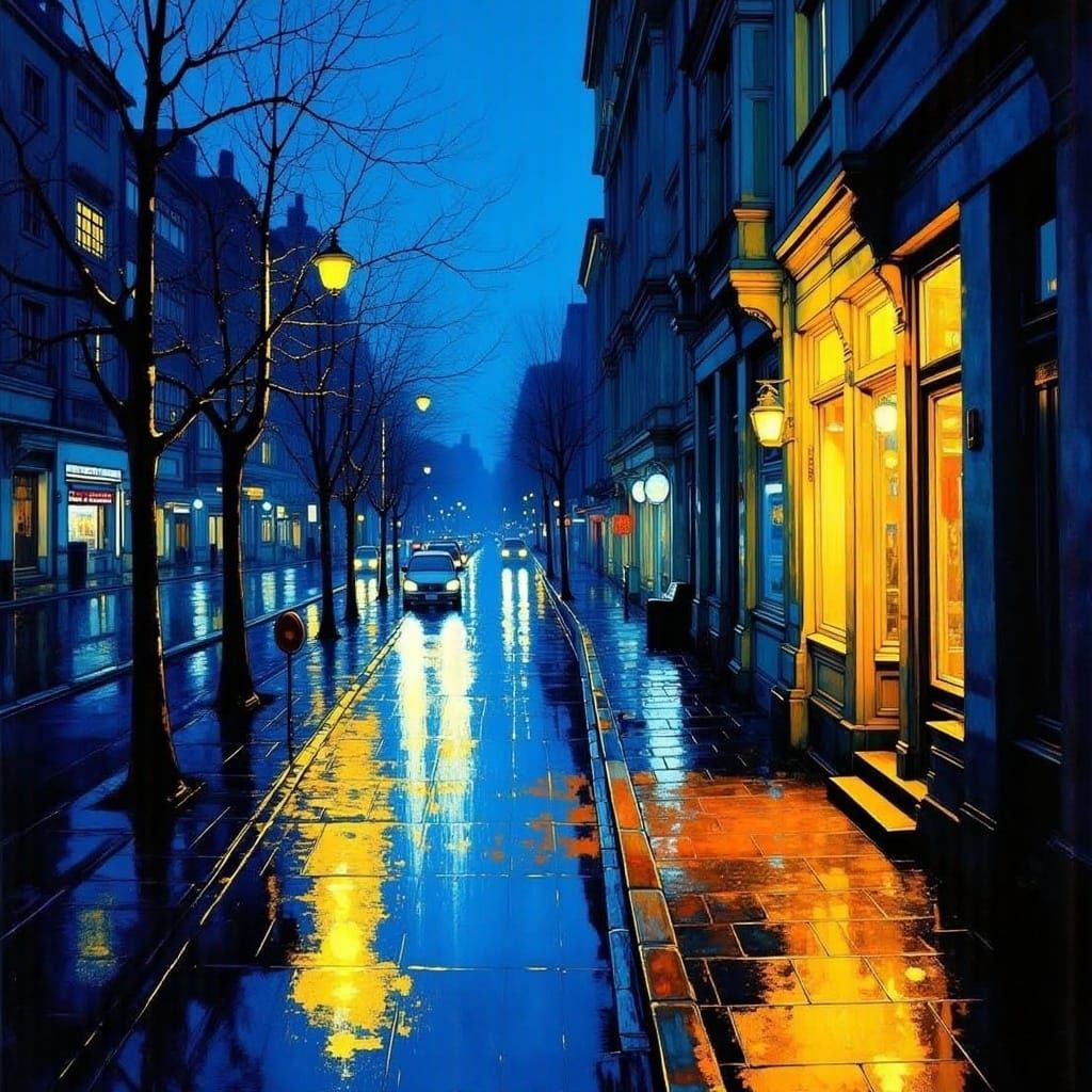 Rainy Night Street Scene as Oil Painting