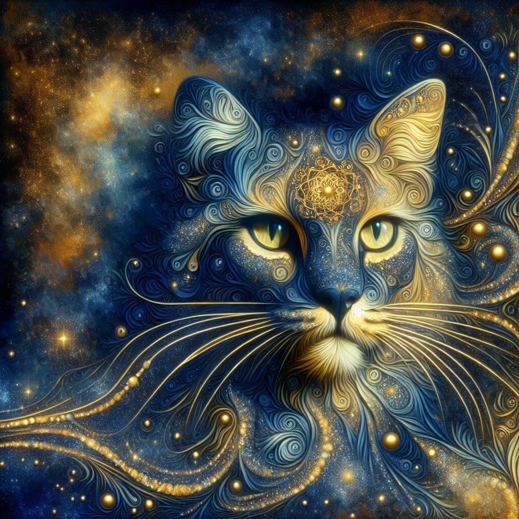 A feline face emerges from a tapestry of swirling gold and deep blue filigree, eyes aglow with other worldly wisdom. The...