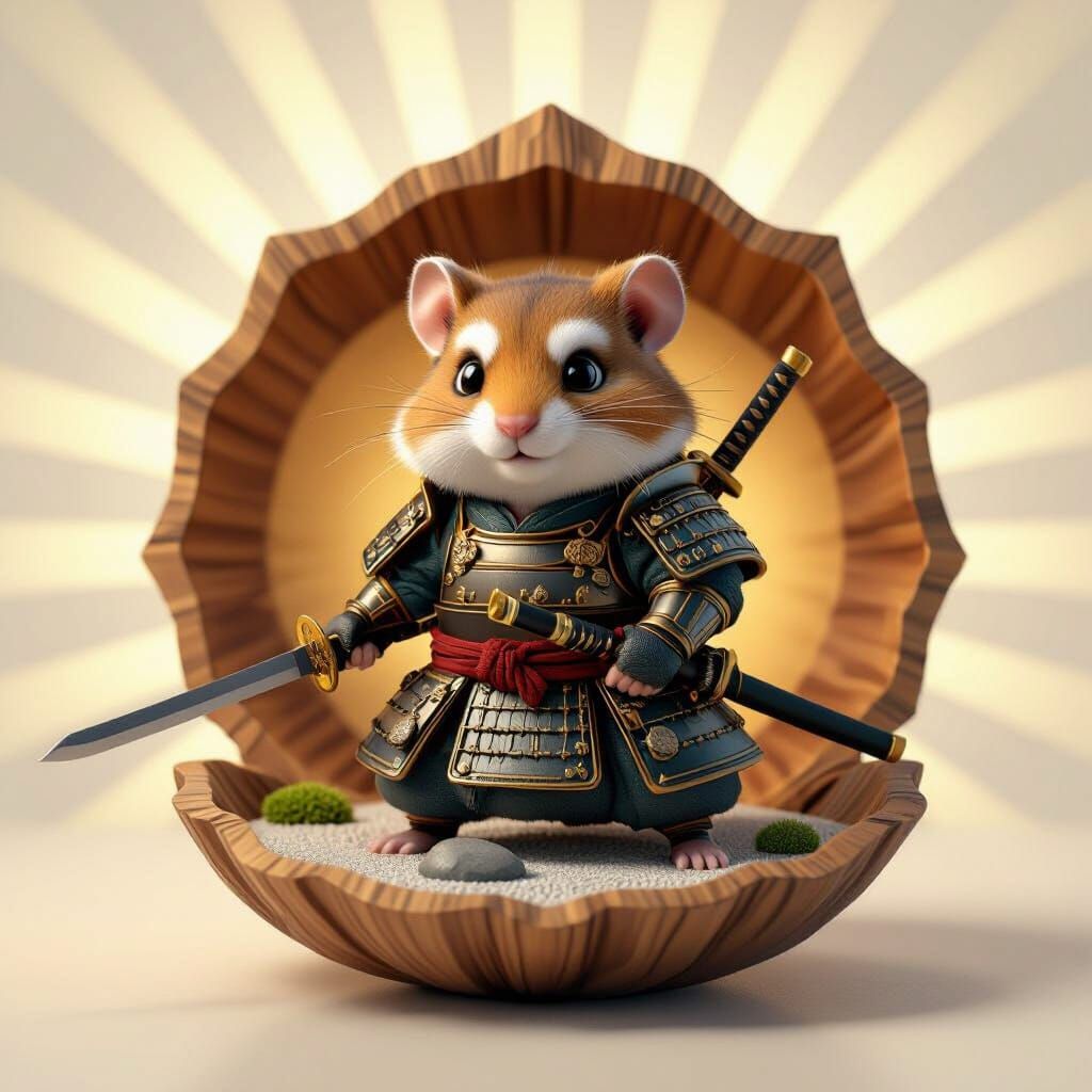 A stoic samurai black and white  hamster, clad in ornate arm...