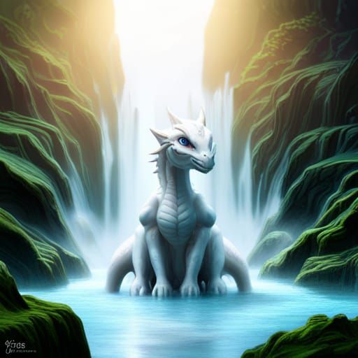 White Baby Dragon in Ethereal Waterfall: Digital Art