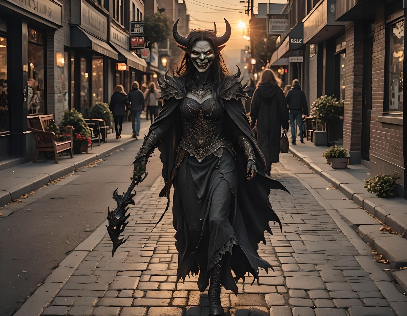 Smiling Demon Walks at Sunset in Hyperrealistic Style