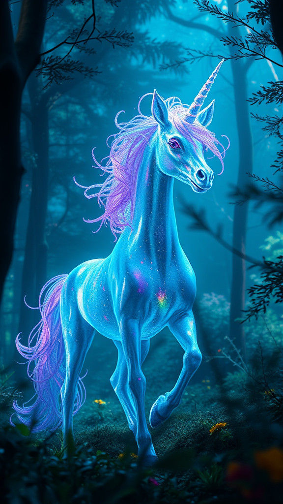 Mystical Alien Unicorn in Vibrant, Bioluminescent Forest
