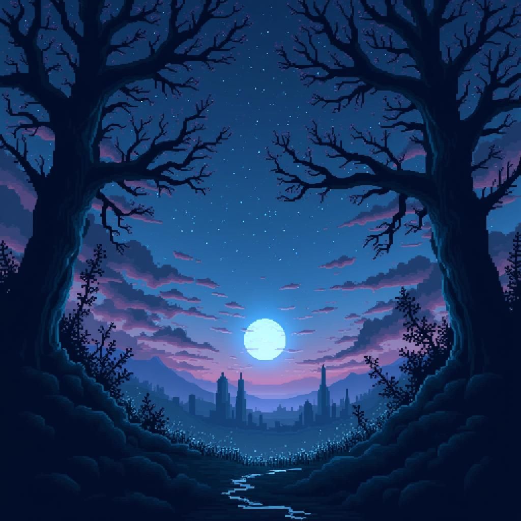 Gloomy Night Sky Pixel Art Cityscape